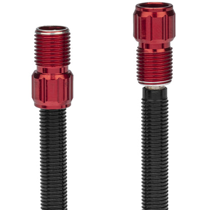 Two Prestacycle Prestadapter Schrader to Presta adapters with red anodized valve core tool caps are shown upright on a white background. The caps are partially unscrewed, exposing the threaded valve ends.