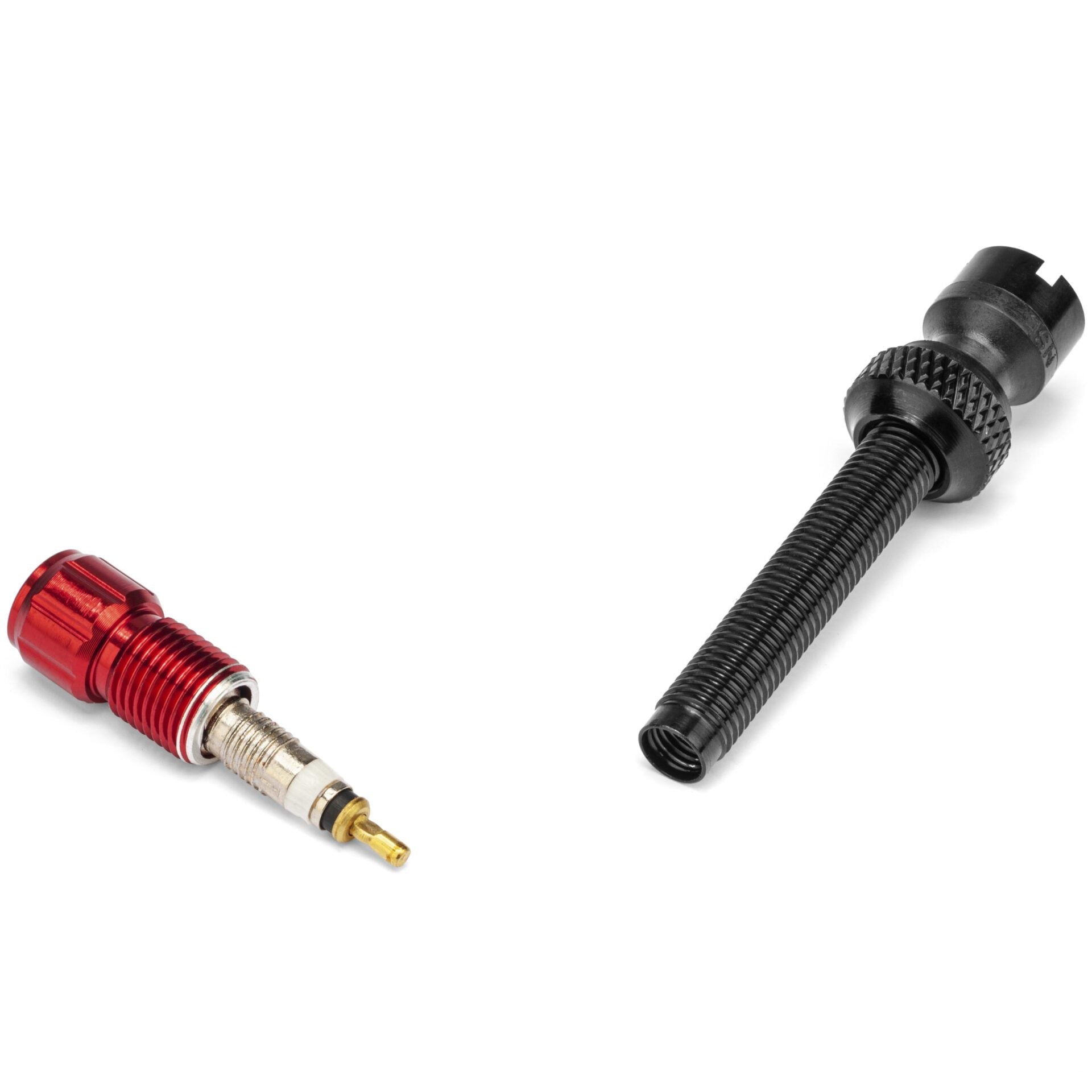 On a white background, the left shows a red and gold Prestacycle Prestadapter Schrader to Presta adapter, while the right displays a black Prestacycle lightweight alloy valve core tool.
