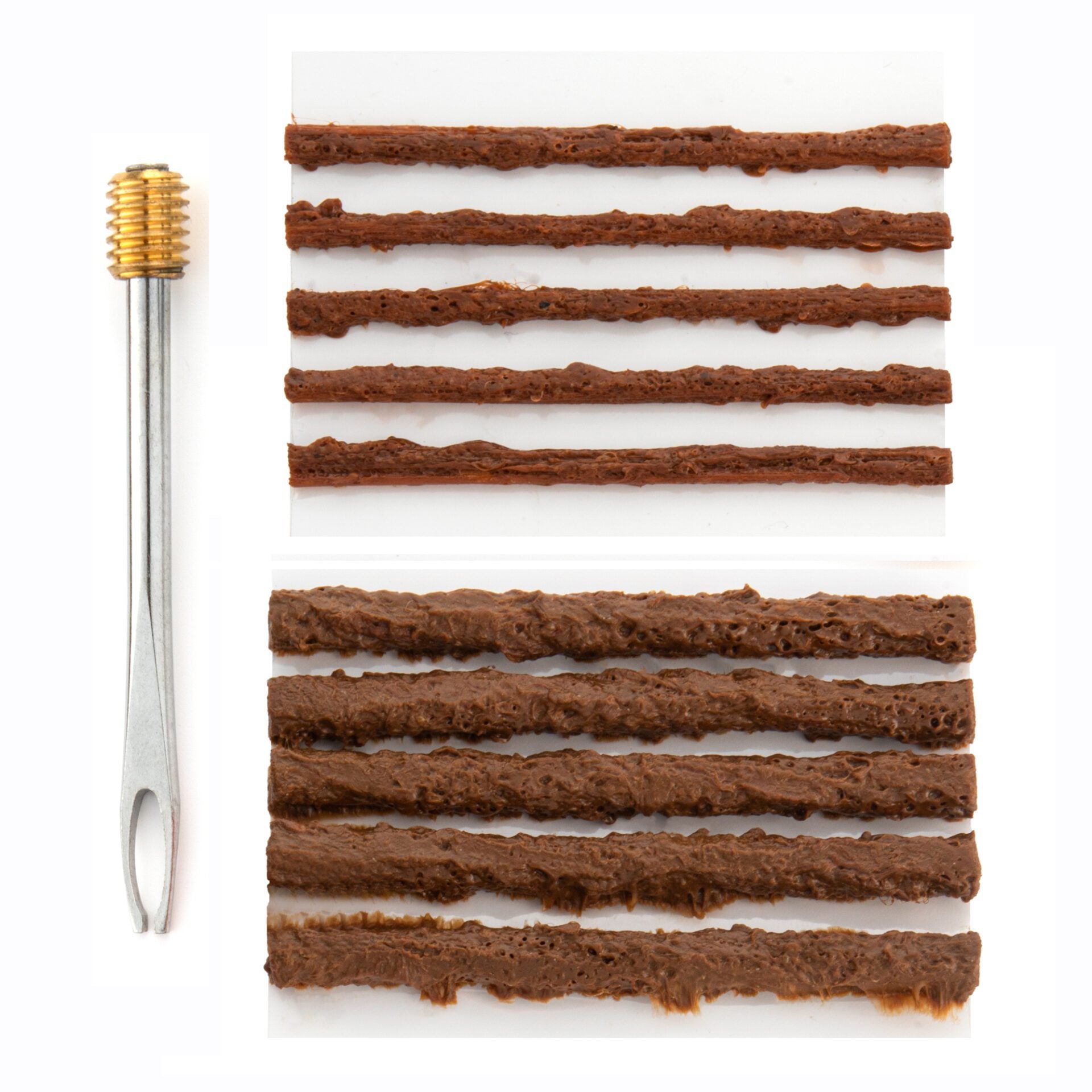 A Prestacycle Tire Plugger Kit by Prestacycle, featuring a metal repair tool with brass tip, is shown beside two rows of brown textured bacon strips for plugging tire punctures.
