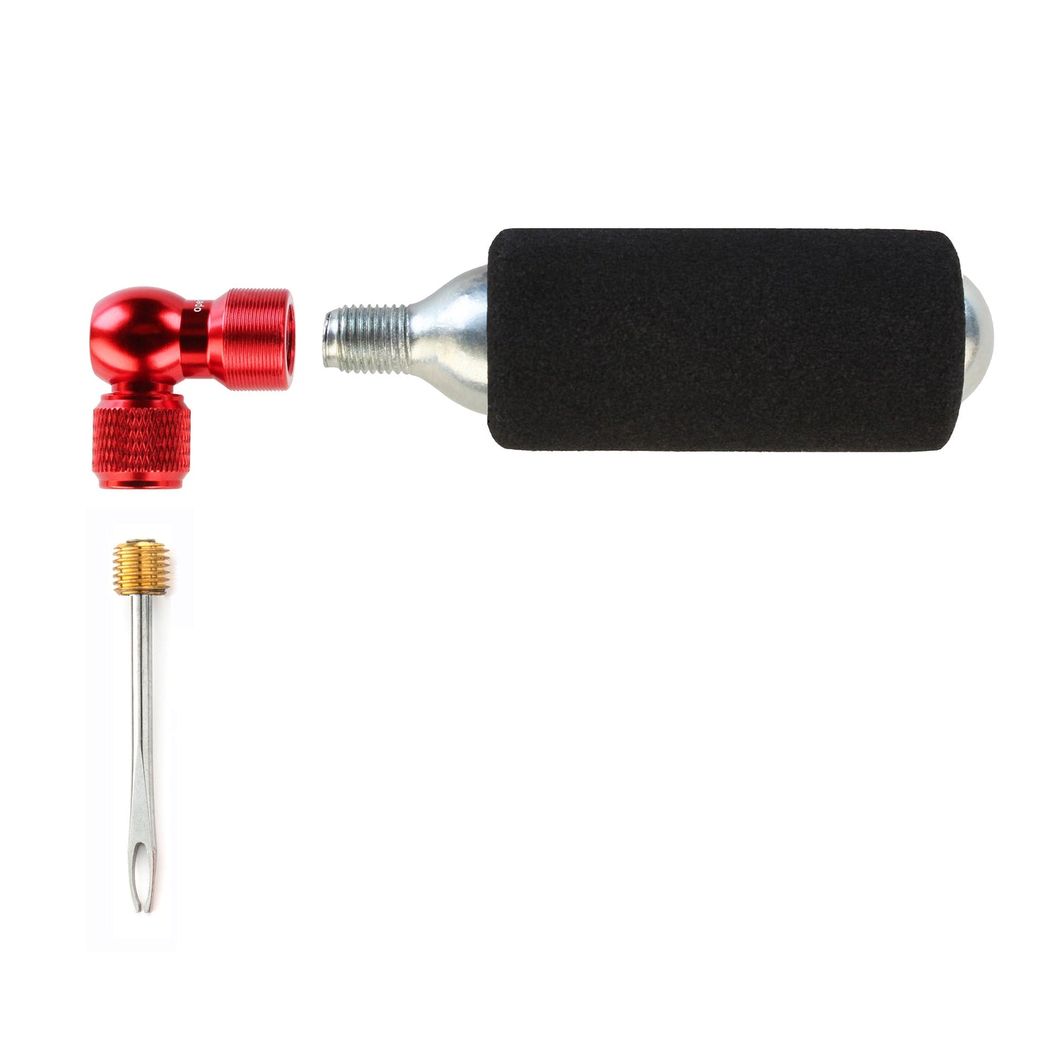 The Prestacycle CO2 Tire Plugger Kit by Prestacycle features a red metal valve, a black foam-covered CO2 cartridge, and a separate sports ball needle—perfect for fast, dependable tire repairs.