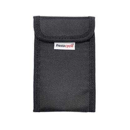 The Prestacycle T-Ratchet Pro Wallet Kit features a black textured nylon pouch with flap closure and a subtle front Prestacycle logo tag. Ideal for storing bike hand tools or the T-Ratchet set. Shown against a white background.
