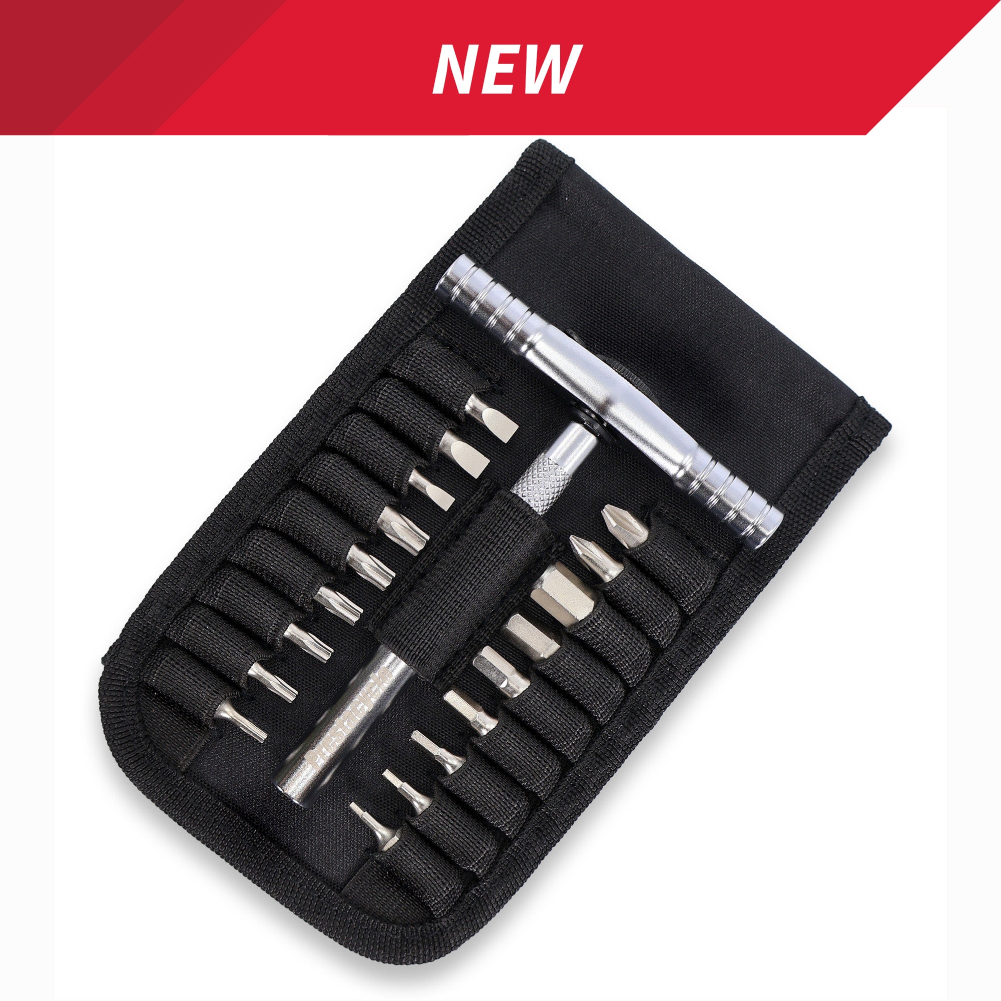 The Prestacycle T-Ratchet Pro Wallet Kit is a compact black bicycle hand tool set featuring a silver T-Ratchet handle and S2 steel hex bits in elastic loops. NEW appears at the top in bold white text on a red banner.