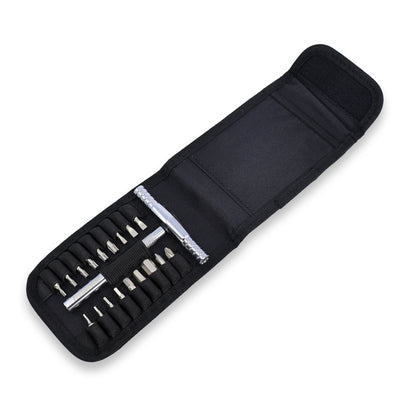 The Prestacycle T-Ratchet Pro Wallet Kit by Prestacycle features a black fabric pouch holding a compact screwdriver set with S2 Steel Hex Bits and metallic handle, all secured—perfect bicycle hand tools.