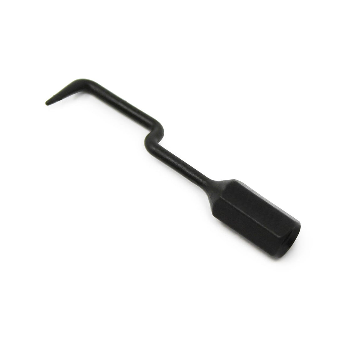 The Prestacycle Dental Pick Specialty Bit by Prestacycle is a black, metal tool with a bent, pointed tip and a zigzag shaft—ideal for cleaning chains or as an essential bit accessory. Photographed on a white background.