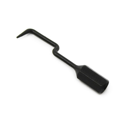 The Prestacycle Dental Pick Specialty Bit by Prestacycle is a black, metal tool with a bent, pointed tip and a zigzag shaft—ideal for cleaning chains or as an essential bit accessory. Photographed on a white background.