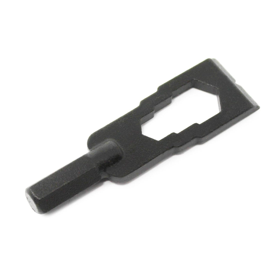 The Prestacycle Mini Pry Bar Specialty Bit by Prestacycle is a black metal tool with a hexagonal opening and shaft, ideal for turning bolts or screws—perfect for your bits tools collection and portable use.
