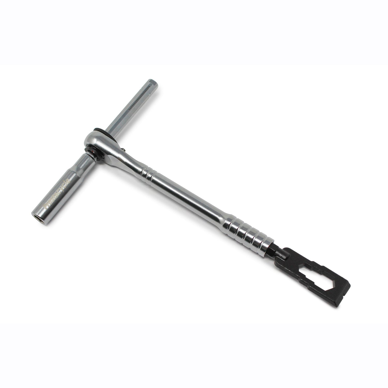 The Prestacycle Mini Pry Bar Specialty Bit by Prestacycle is a metal ratchet wrench with a T-shaped handle and an attached black rectangular tool, designed for portability and shown on a white background.