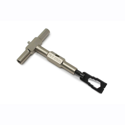 The Prestacycle Mini Pry Bar Specialty Bit by Prestacycle is a metal multitool with a T-shaped handle, interchangeable bit ends, and a black forked tip for portable use.