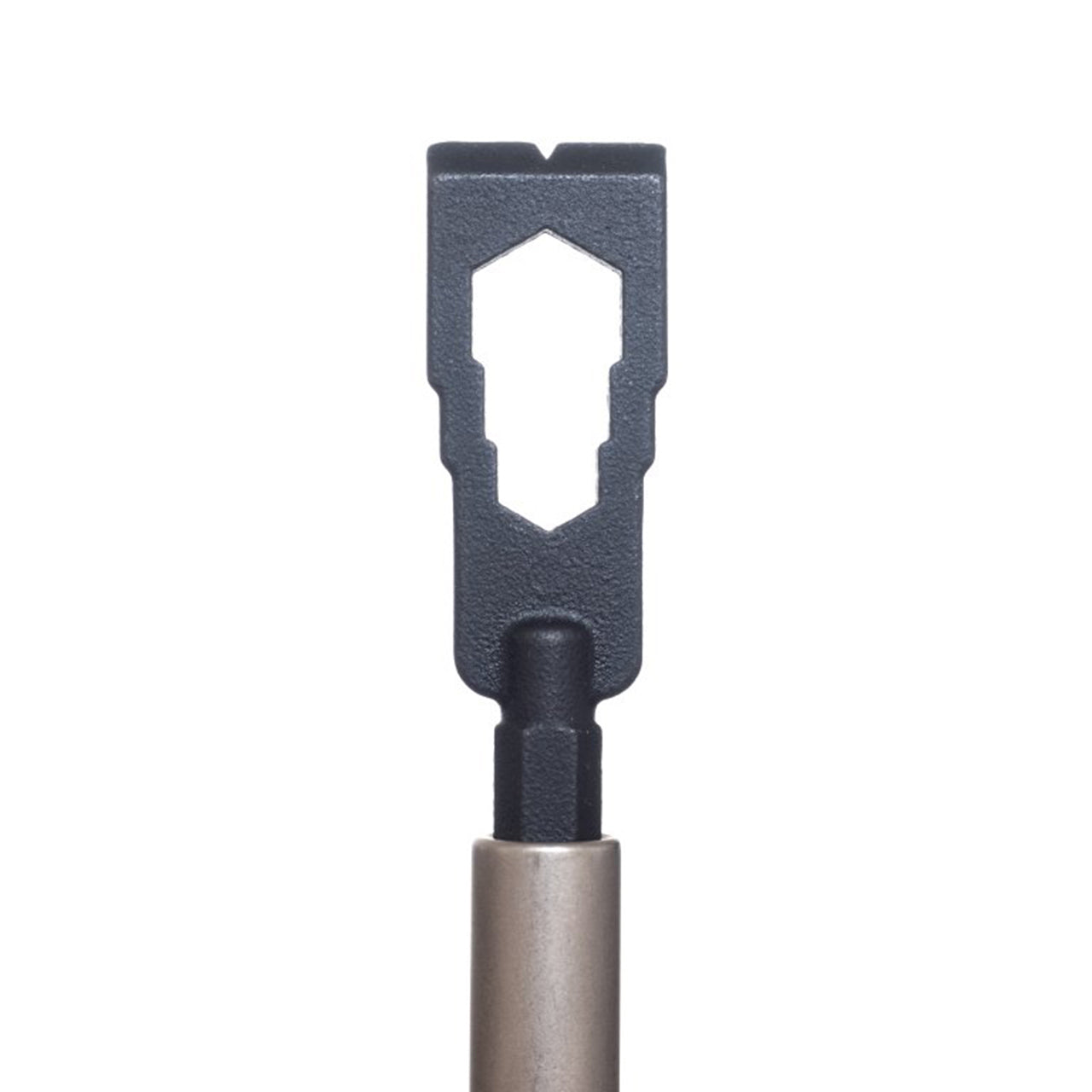 A close-up of the Prestacycle Mini Pry Bar Specialty Bit by Prestacycle, a black metal tool with a geometric cutout and metallic handle, highlights its portability and functionality against a white background.
