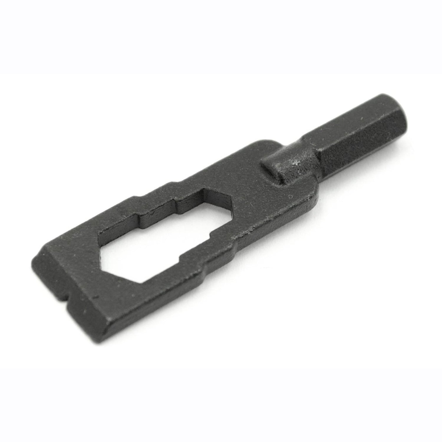The Prestacycle Mini Pry Bar Specialty Bit by Prestacycle is a black metal tool with a hexagonal center cut-out, a notched edge, and a narrow cylindrical handle, offering portable functionality for bit tools.