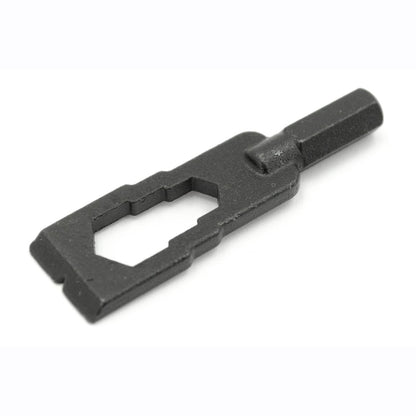 The Prestacycle Mini Pry Bar Specialty Bit by Prestacycle is a black metal tool with a hexagonal center cut-out, a notched edge, and a narrow cylindrical handle, offering portable functionality for bit tools.
