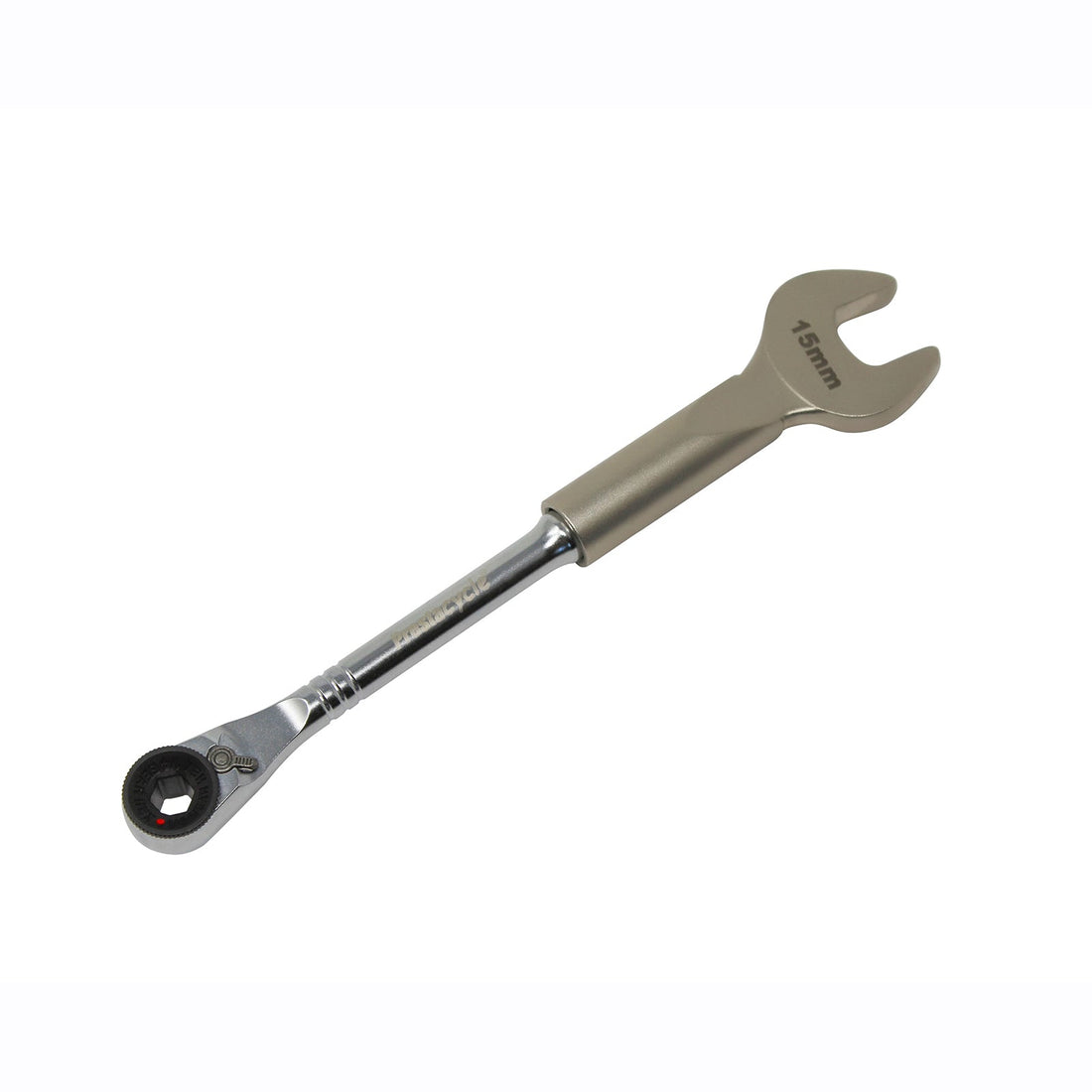 The Prestacycle 15mm Wrench Specialty Bit by Prestacycle features a metallic ratcheting open-end design with a shiny handle, ideal for adjusting threaded hub axles, shown isolated on a white background.
