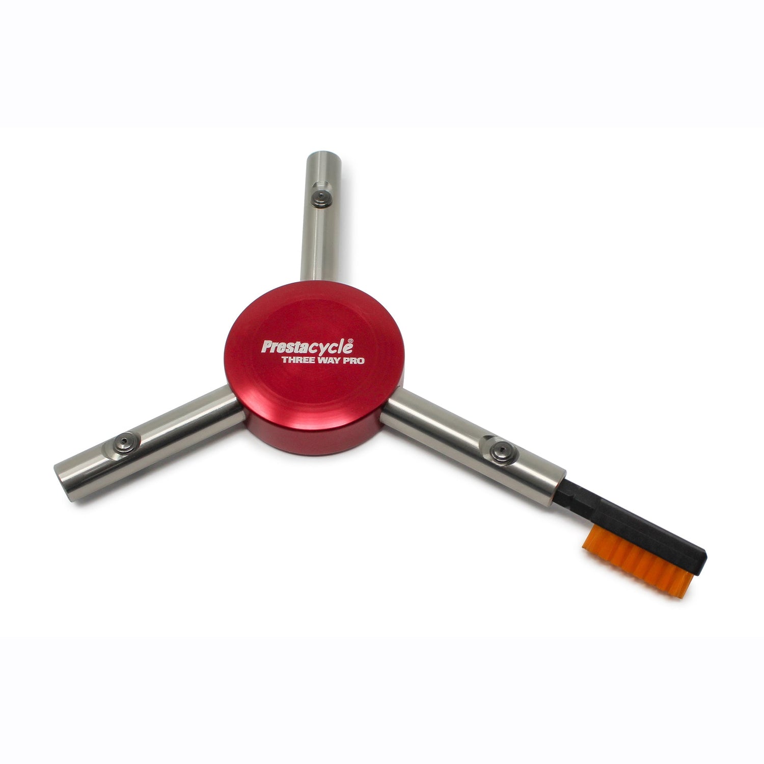 The Prestacycle Chain Cleaning &amp; Lubricating Brush Specialty Bit features a red circular center, three silver arms, and an orange brush—an essential portable tool for cleaning your bike chain.