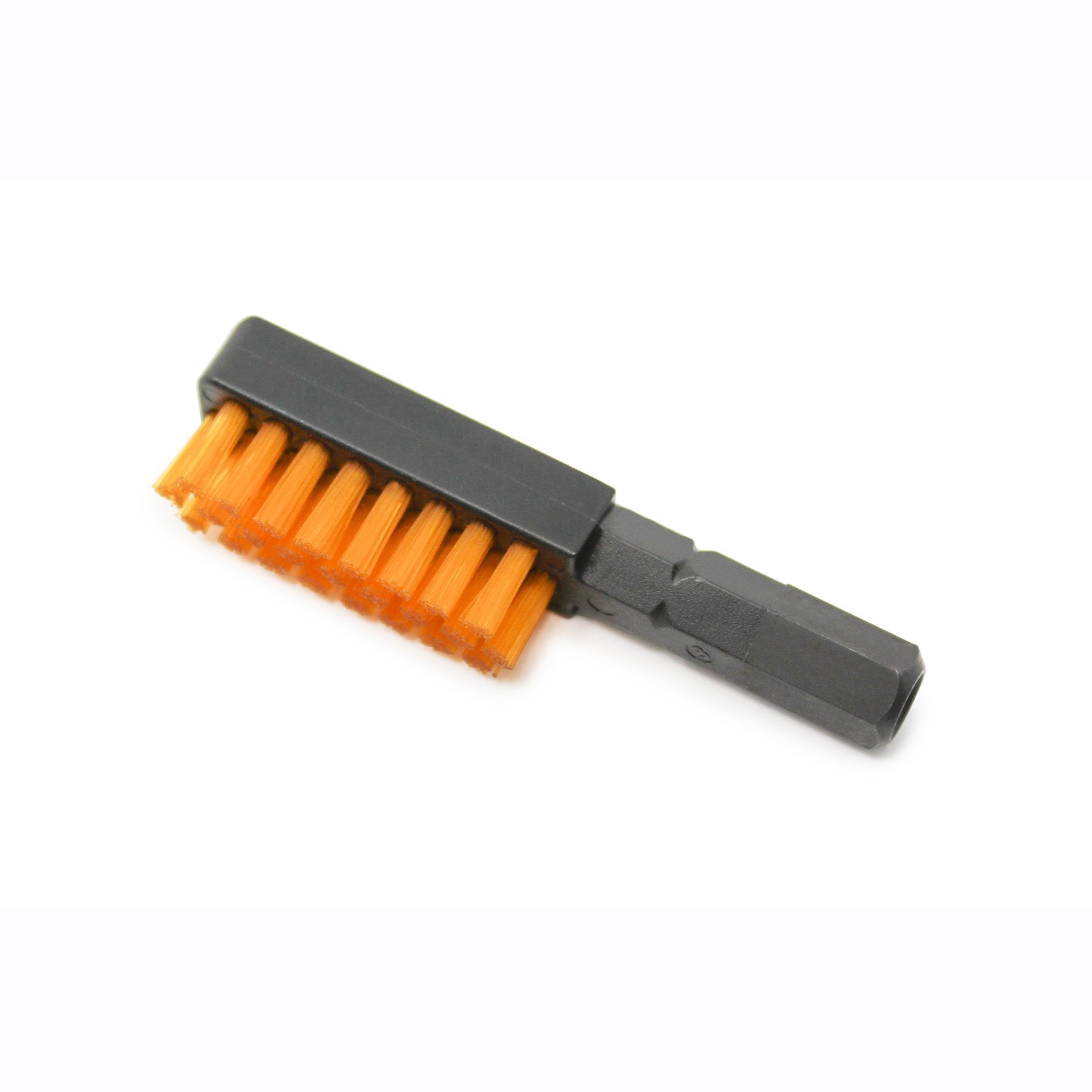 The Prestacycle Chain Cleaning &amp; Lubricating Brush Specialty Bit by Prestacycle features orange bristles and a black handle, attaches to a drill or screwdriver, and is ideal for cleaning bike chains as part of your portable tool kit.