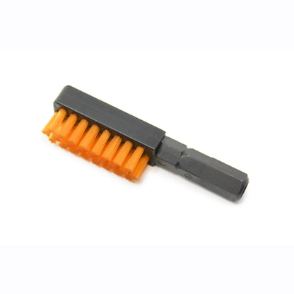 The Prestacycle Chain Cleaning &amp; Lubricating Brush Specialty Bit by Prestacycle features orange bristles and a black handle, attaches to a drill or screwdriver, and is ideal for cleaning bike chains as part of your portable tool kit.