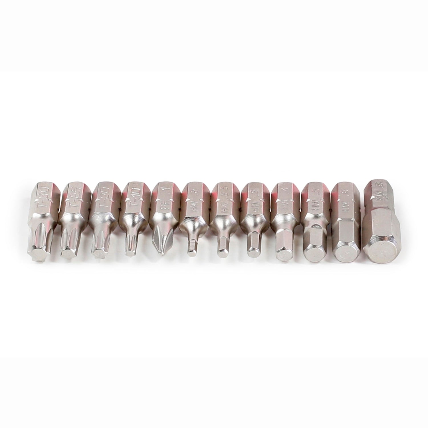 The Prestacycle Professional 12 piece 1/4 S2 Hex Bits Set by Prestacycle features twelve S2 steel bits in assorted shapes and sizes, neatly arranged on a white background.