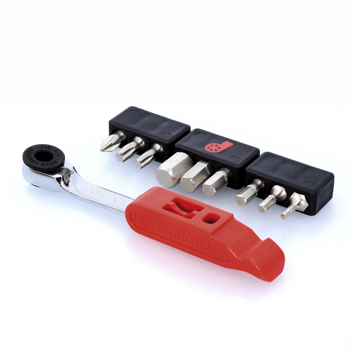 The Prestacycle Prestaratchet GO Multi-tool Kit is a compact, reversible ratchet tool with a red handle, plus two black holders containing assorted screwdriver and hex bits, all shown on a white background.