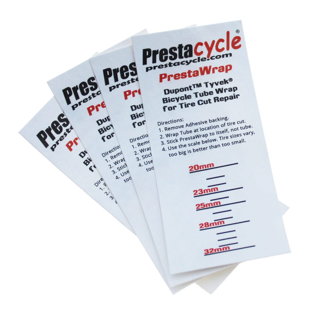 Four Prestacycle PrestaWrap Tire Boot labels are fanned out, showing instructions in red and black text for using Dupont Tyvek as a bicycle tire boot, with measurement marks from 20mm to 32mm at the bottom.