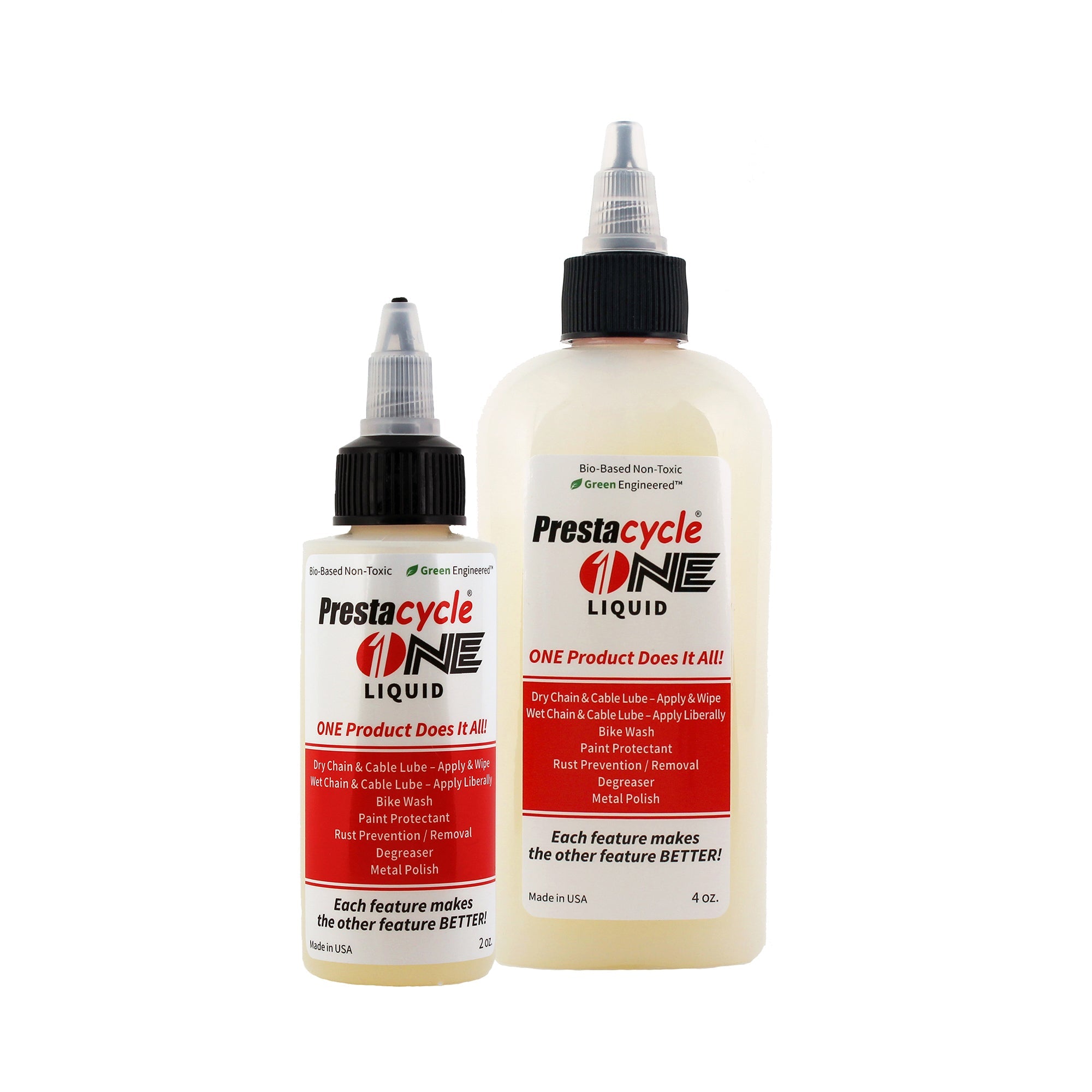 Two bottles of Prestacycle One Liquid, one small and one large, feature pointed dispenser caps and white labels with red and black text. USDA Certified Bio-Based, it offers multiple uses for bikes and metal polishing with eco-friendly performance.