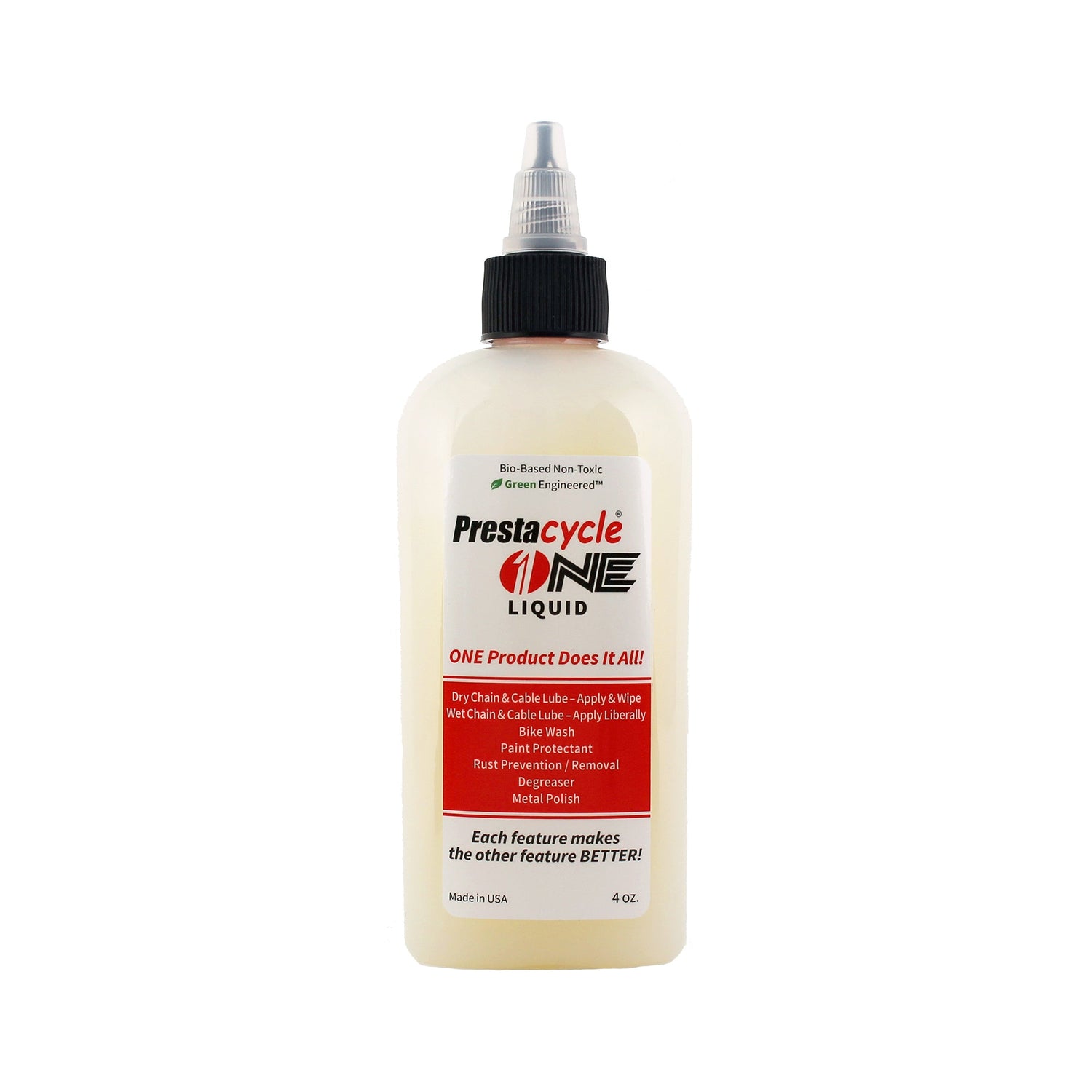 The 4 oz Prestacycle One Liquid is a USDA Certified Bio-Based lubricant and cleaner with a pointed nozzle cap, suitable for chains, cables, rust removal, and protection.