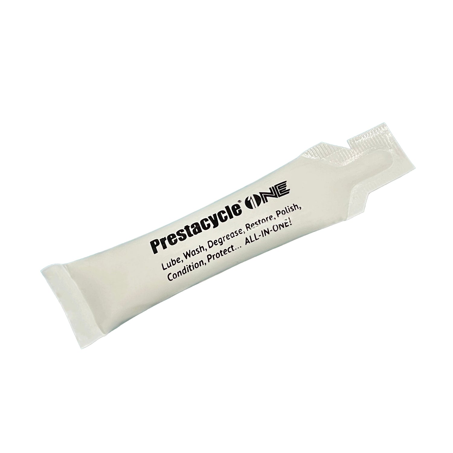A single-use packet of Prestacycle One Liquid by Prestacycle, displaying USDA Certified Bio-Based and ASTM International logos, offers all-in-one lube, wash, degrease, restore, polish, condition, and protect on a plain white background.