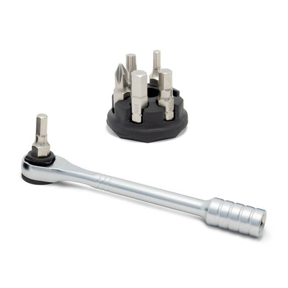 The Prestacycle Prestaratchet Micro Kit includes a silver micro ratchet wrench, a round black holder stand, and six S2 interchangeable bits of various shapes and sizes, all shown on a white background.