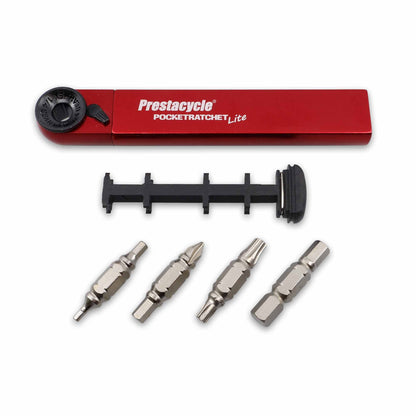 A red Prestacycle PocketRatchet Lite multi-tool is displayed with its black bit holder and five metal bits, which store in the handle, arranged in a horizontal line below the tool.