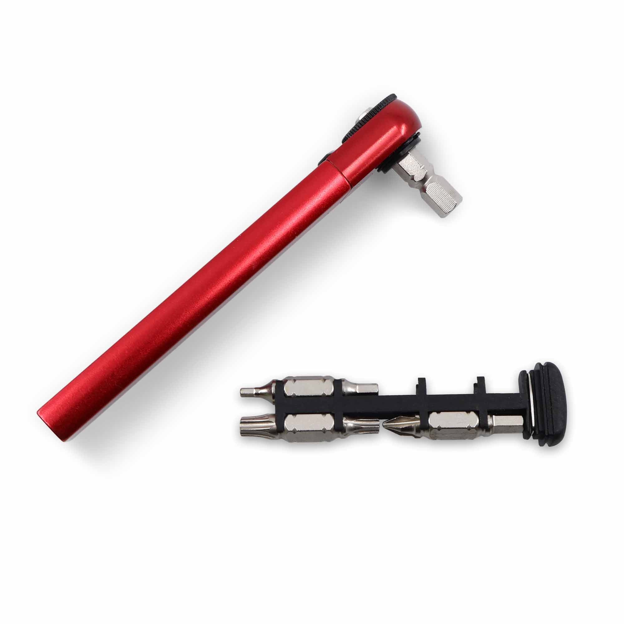 The Prestacycle PocketRatchet Lite is a red-handled multi-tool with a detachable black and silver bit holder, multiple screwdriver and hex bits, plus a reversible thumb-wheel ratchet—all stored in the handle and shown on a white background.