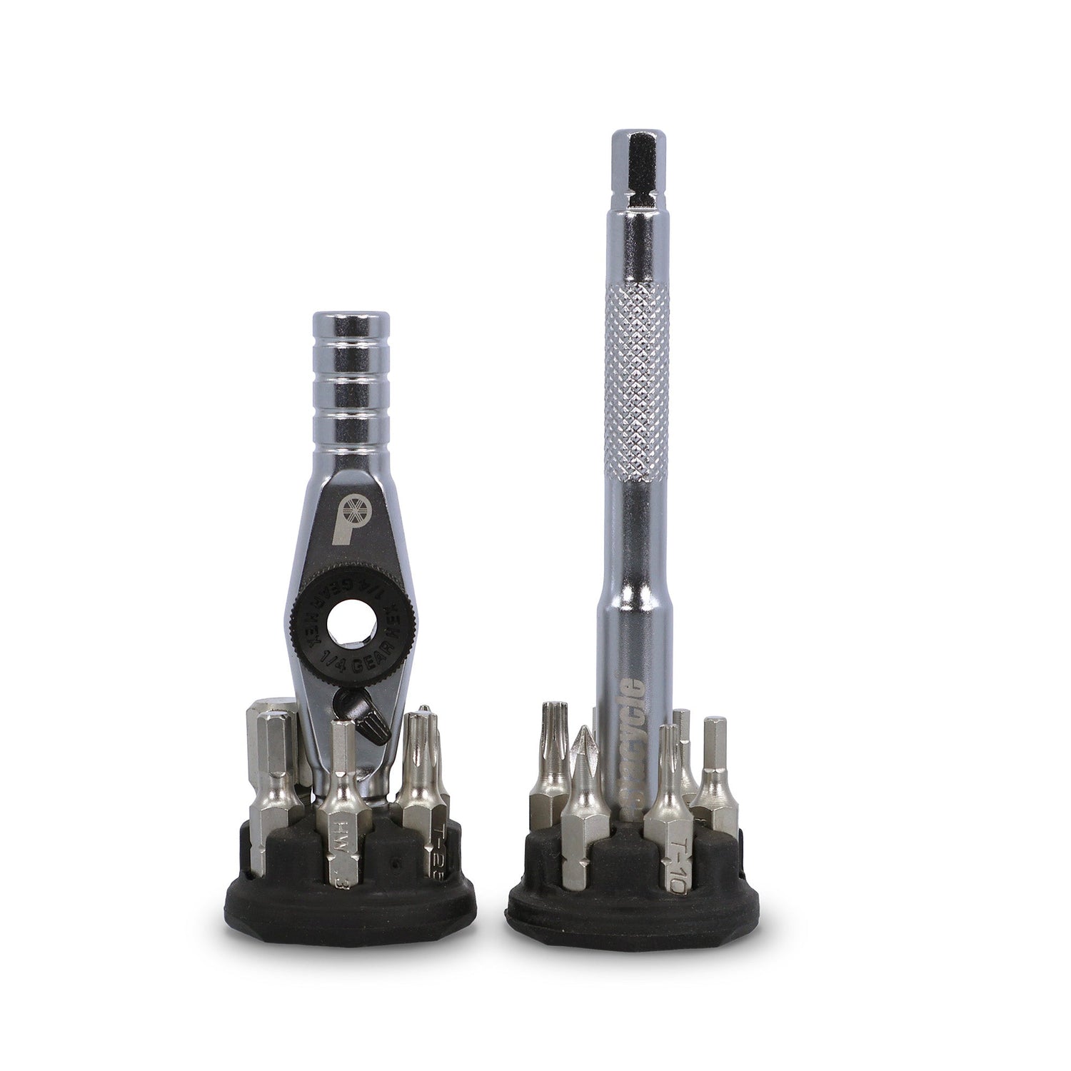 The Prestacycle T-Ratchet Pro Set by Prestacycle is a compact reversible ratchet set with interchangeable 1/4 inch bits on a black base, featuring a durable metal ratchet handle and a knurled screwdriver handle, with neatly organized assorted bits.