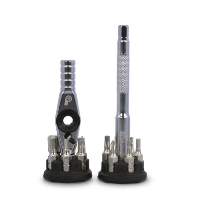 The Prestacycle T-Ratchet Pro Set by Prestacycle is a compact reversible ratchet set with interchangeable 1/4 inch bits on a black base, featuring a durable metal ratchet handle and a knurled screwdriver handle, with neatly organized assorted bits.