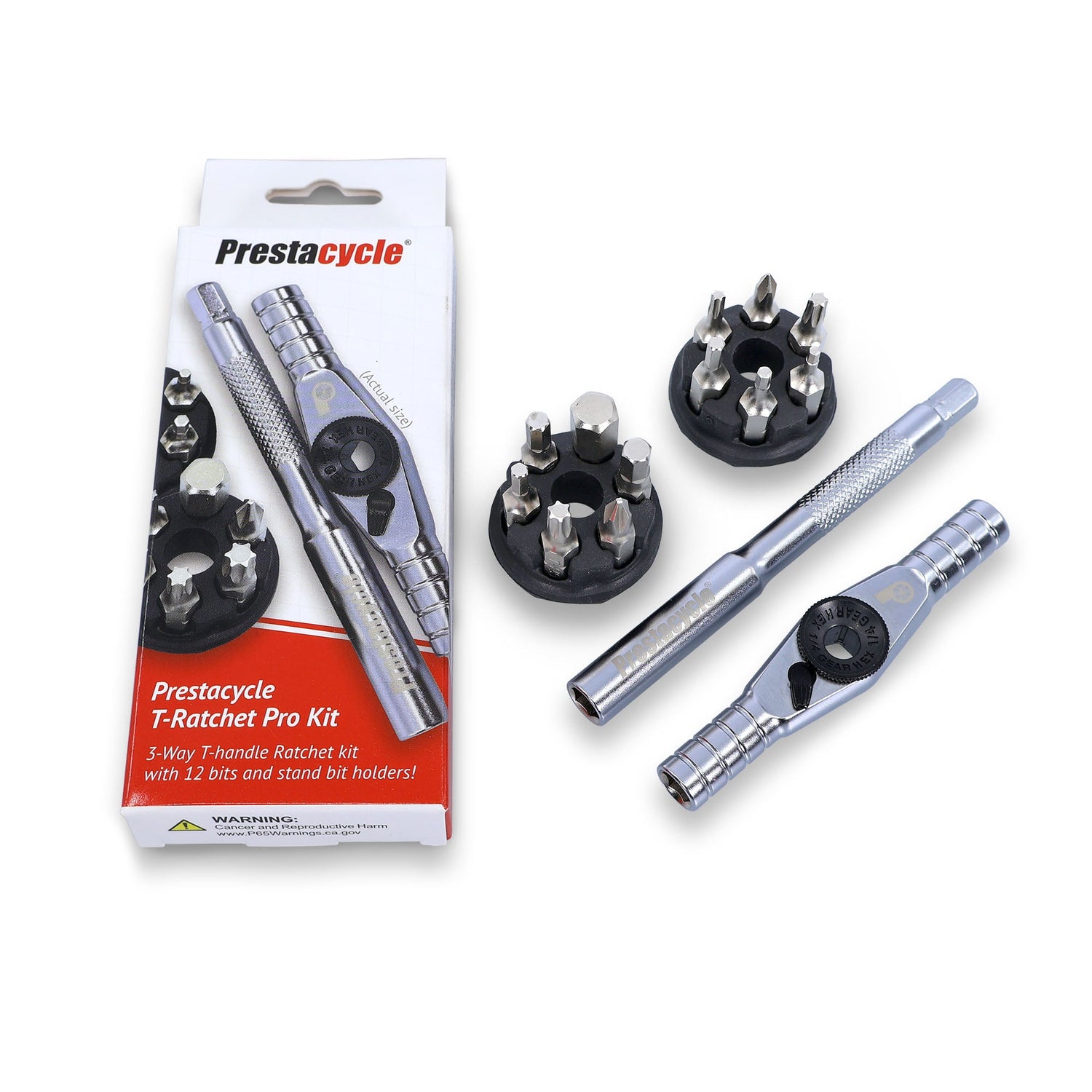 The Prestacycle T-Ratchet Pro Set includes a T-Handle ratchet, two circular bit holders with 1/4 bits, and packaging that features the reversible ratchet set and a full kit description.