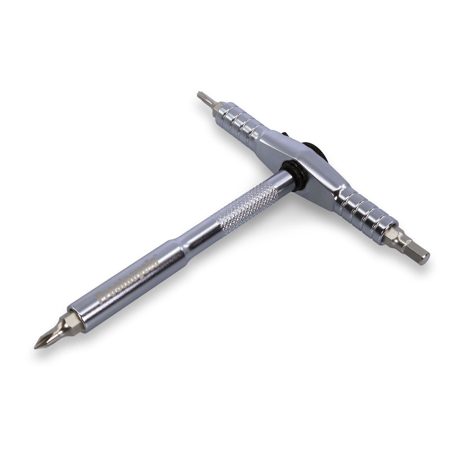 The Prestacycle T-Ratchet Pro Wallet Kit by Prestacycle features a metal T-ratchet with a knurled handle and interchangeable S2 steel double-ended bits—perfect for precise bicycle maintenance.