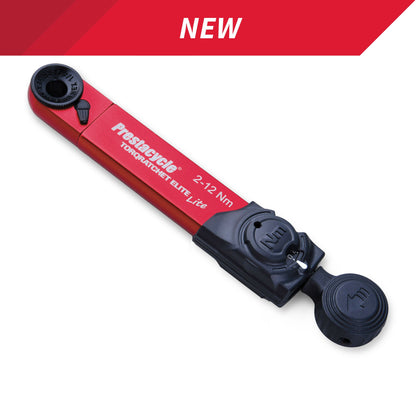 A Prestacycle TorqRatchet ELITE Lite portable 2~12Nm torque multi-tool ratchet in red with black accents and a reversible head is shown on a white background, featuring a red "NEW" banner at the top.