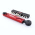 The Prestacycle TorqRatchet GO Lite, a red portable 3~12Nm multi-tool ratchet with black adjustment dial and reversible function, is shown with two holders of screwdriver and hex bits—a versatile tool for cyclists by Prestacycle.