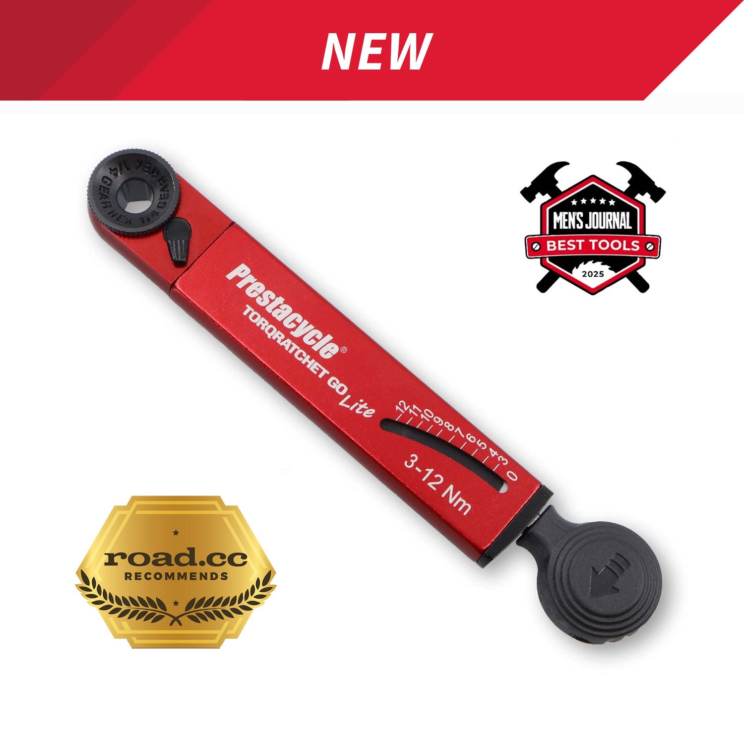 A red Prestacycle TorqRatchet GO Lite (3–12Nm) multi-tool ratchet is shown with Mens Journal Best Tools 2025 and road.cc Recommends award badges. "NEW" appears at the top of the image.
