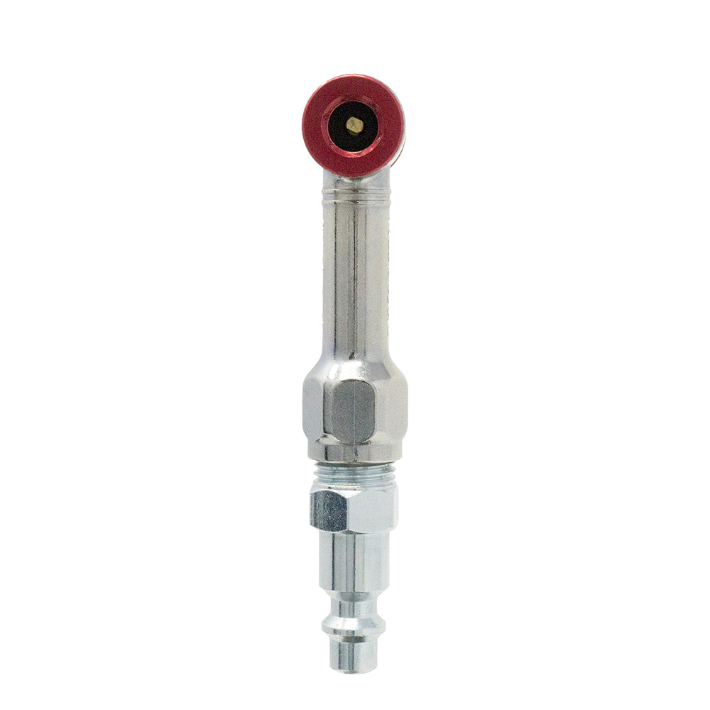 The Prestacycle Prestaflator Mini Pro is a metal bicycle inflation tool with a cylindrical body and red circular tip, designed for Presta and Schrader valves, shown against a white background.