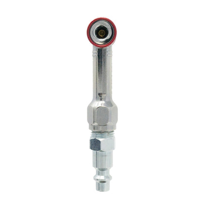 The Prestacycle Prestaflator Mini Pro is a metallic bicycle inflation tool with a hexagonal body and red-edged nozzle, designed for Presta and Schrader valves. Shown upright on a white background.