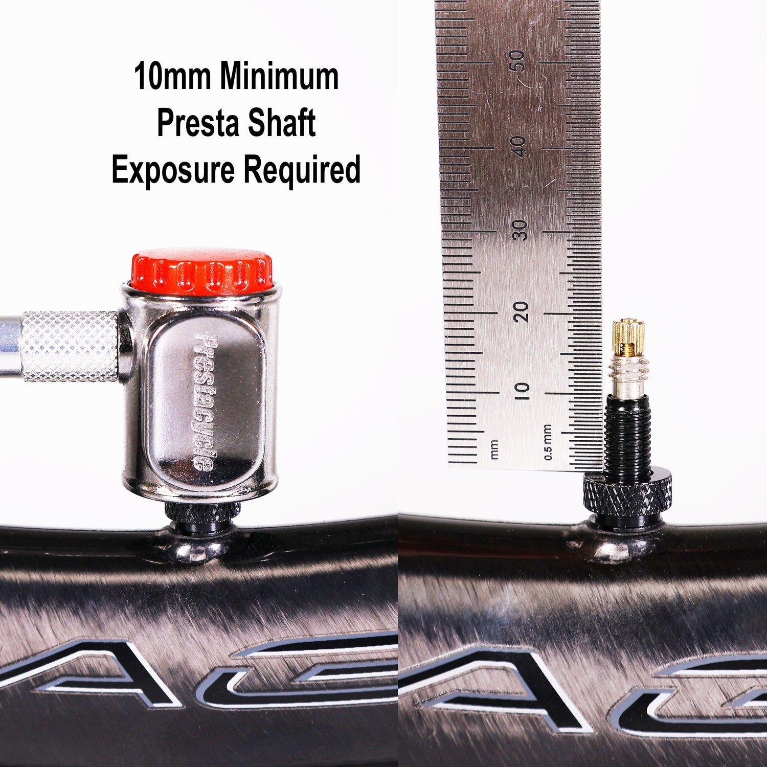 A Prestacycle Pro Presta Head is attached to a Presta valve shown next to a ruler with at least 10mm shaft exposed. Text: Minimum 10mm Presta shaft exposure needed for Prestacycle Pro Presta Head.