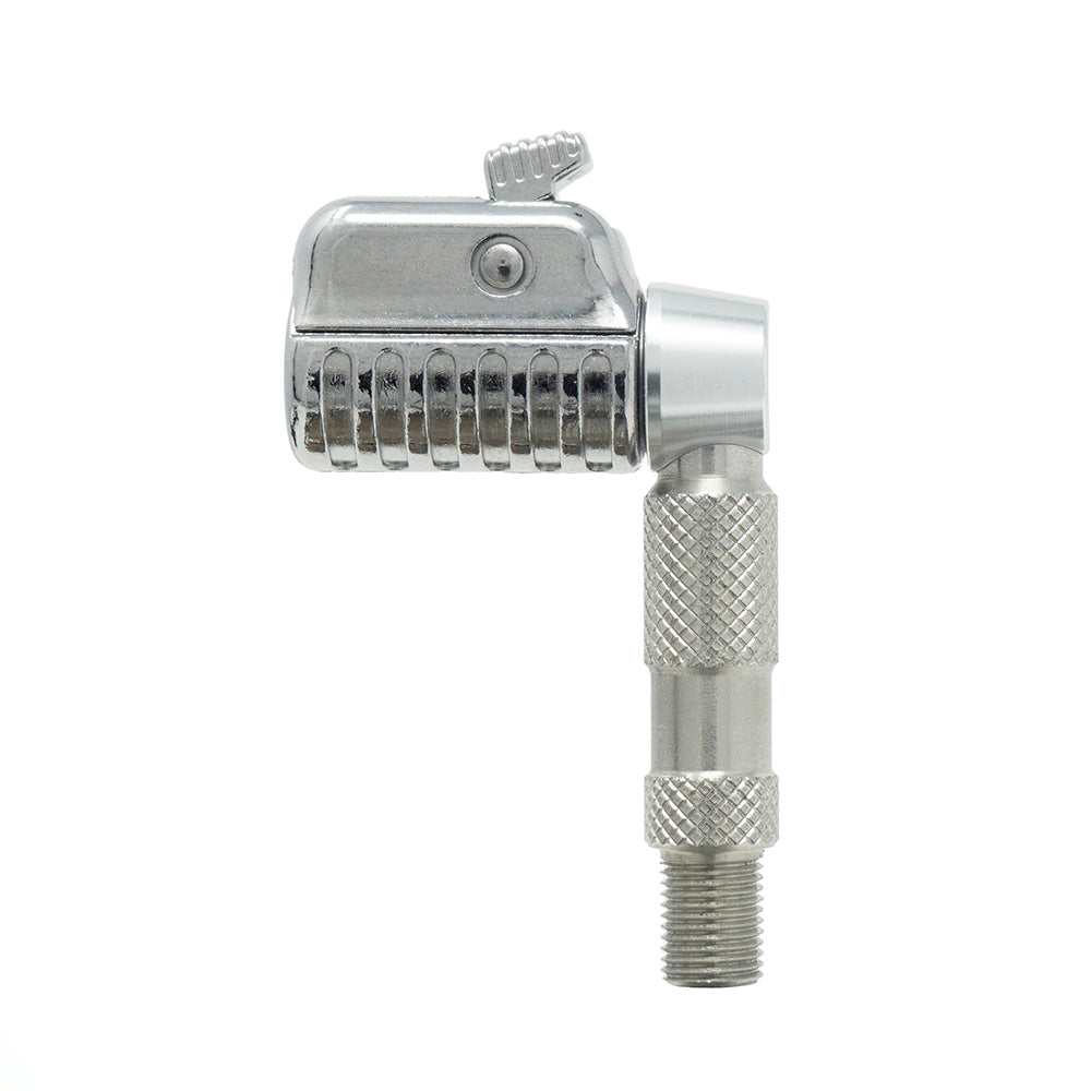 The Prestacycle Pro Schrader Head by Prestacycle features a metallic air chuck with a knurled handle, right-angle design for accurate tire checks, textured grip, threaded end, and an auto-lock mechanism for secure air hose attachment.