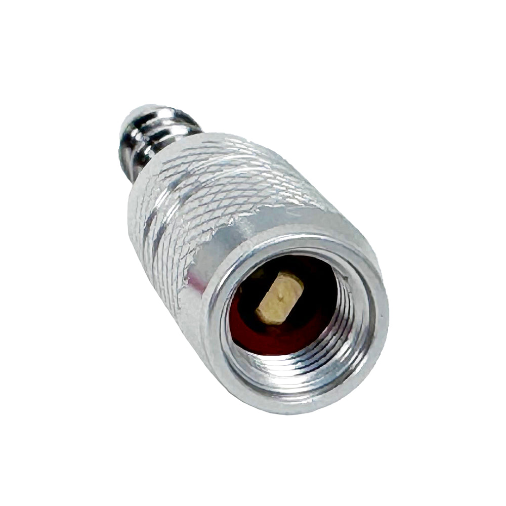 Close-up of a Prestacycle Pro 1/4 Schrader Hose Barb adapter, featuring a threaded exterior and central pin, similar to fittings used in Prestaflator heads and floor pump connections, shown on a white background.