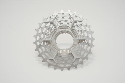 Close-up, front-facing view of a Prestacycle UniBlock PRO Cassette (11 Speed) for Shimano, featuring multiple sprockets made from durable Chrome Molybdenum steel, shown on a plain white background.