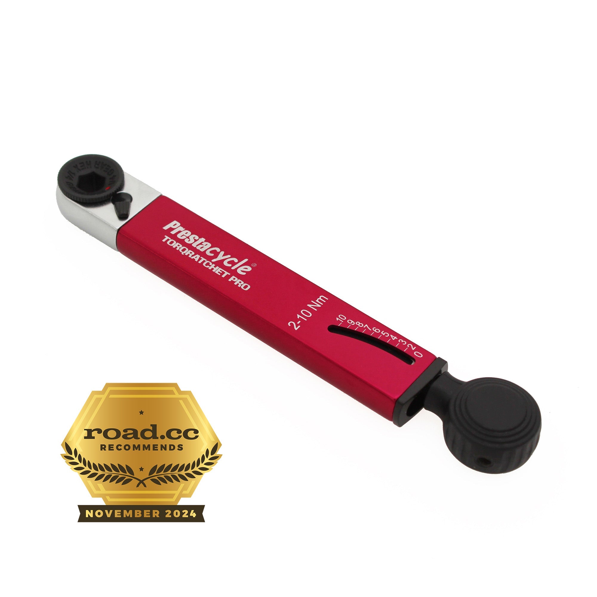 A diagonal view of the Prestacycle TorqRatchet PRO Wallet, a red and silver multi-tool torque ratchet (2~10Nm) with black knobs by Prestacycle, features a gold “road.cc recommends” badge (Nov 2024) in the bottom left corner.
