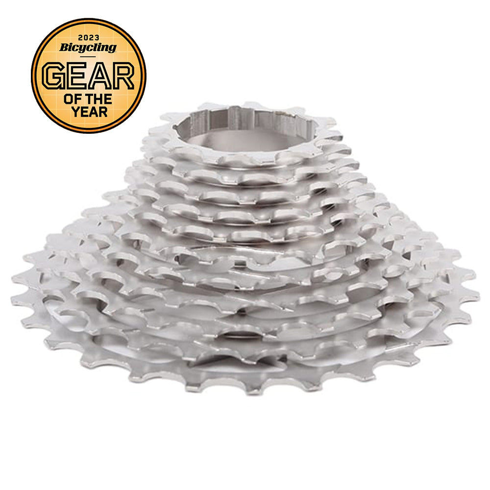 The Prestacycle UniBlock PRO Cassette (11 Speed) by Prestacycle is shown in silver. A gold badge reads “2023 Bicycling Gear of the Year.” Compatible with Shimano HG11 for smooth, reliable shifting.